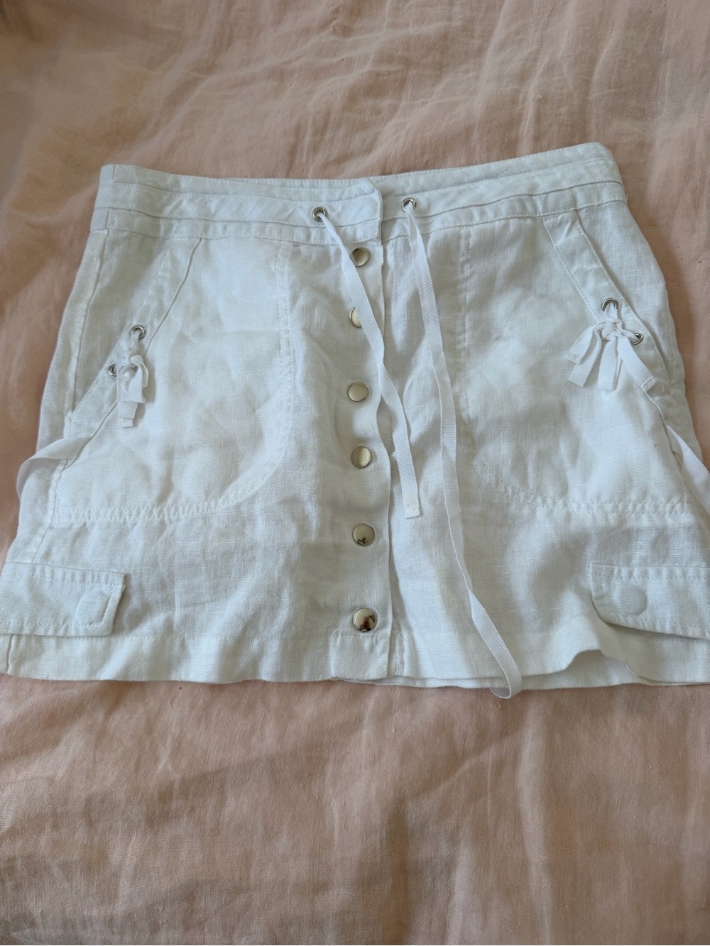 White Button-Front Mini Skirt with Tie Waist